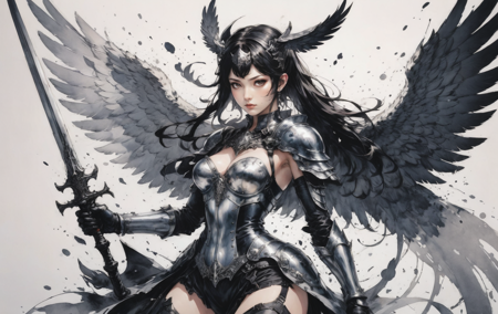 31073524-2067885445-a winged Valkyrie wielding a weapon, splatter fashion, in the style of light and shadow, ink illustrations, by Yoji Shinkawa  _l.png
